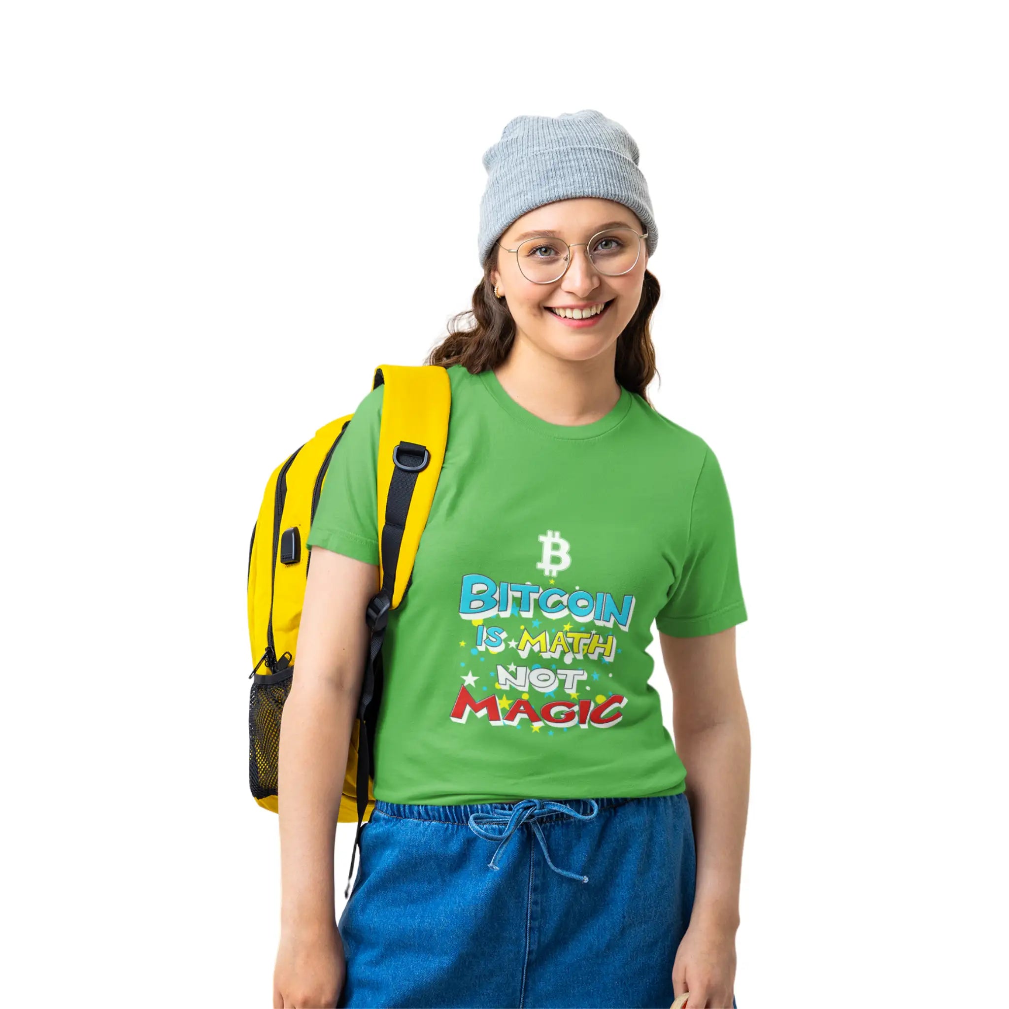 Bitcoin Is Math Not Magic Kids Tee - Apple - LAT 6101 Model Front View - Sovereign Bitcoin Gear