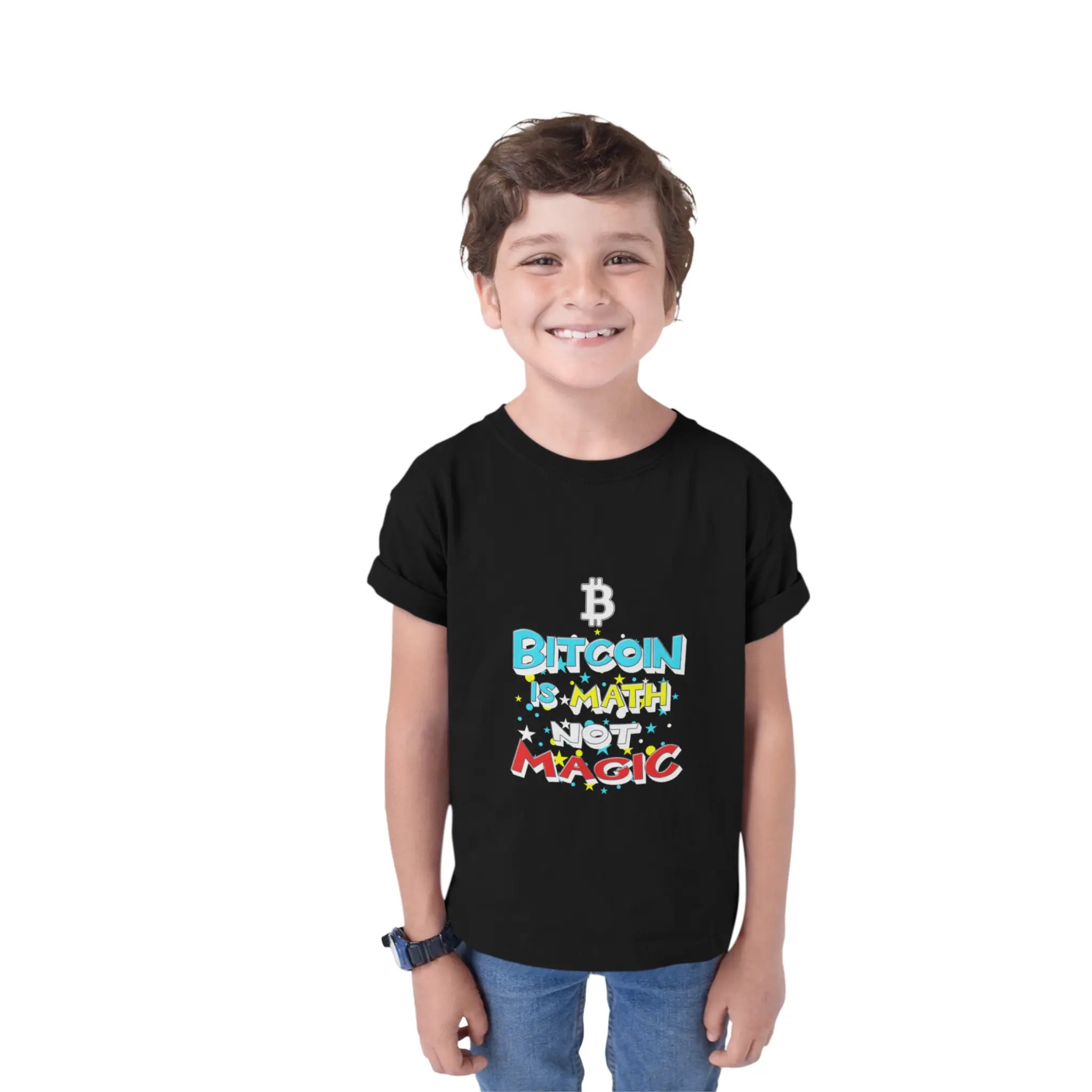 Bitcoin Is Math Not Magic Kids Tee - Black - LAT 6101 Model Front View - Sovereign Bitcoin Gear