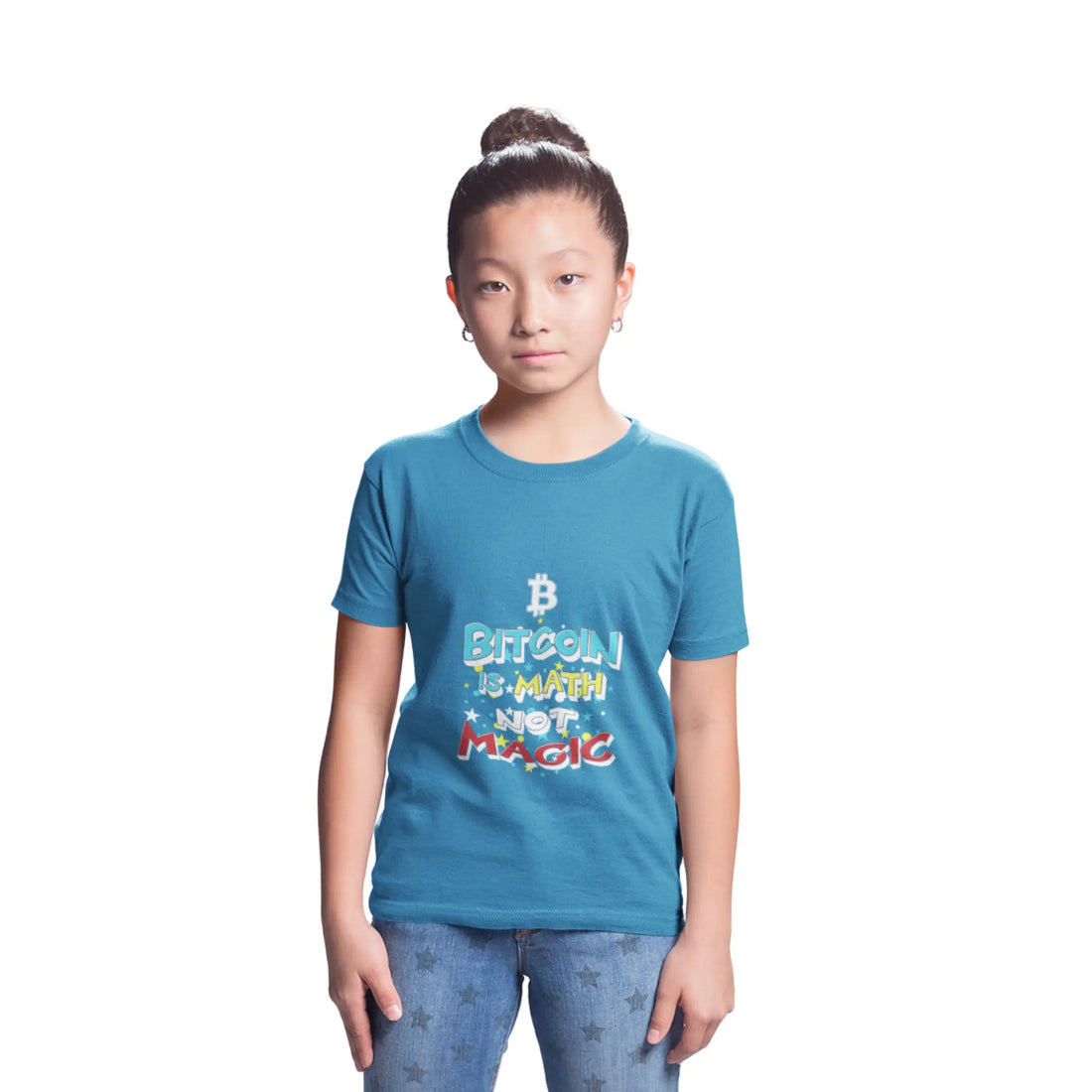 Bitcoin Is Math Not Magic Kids T-Shirt - Cobalt - LAT 6101 Model Front View - Sovereign Bitcoin Gear
