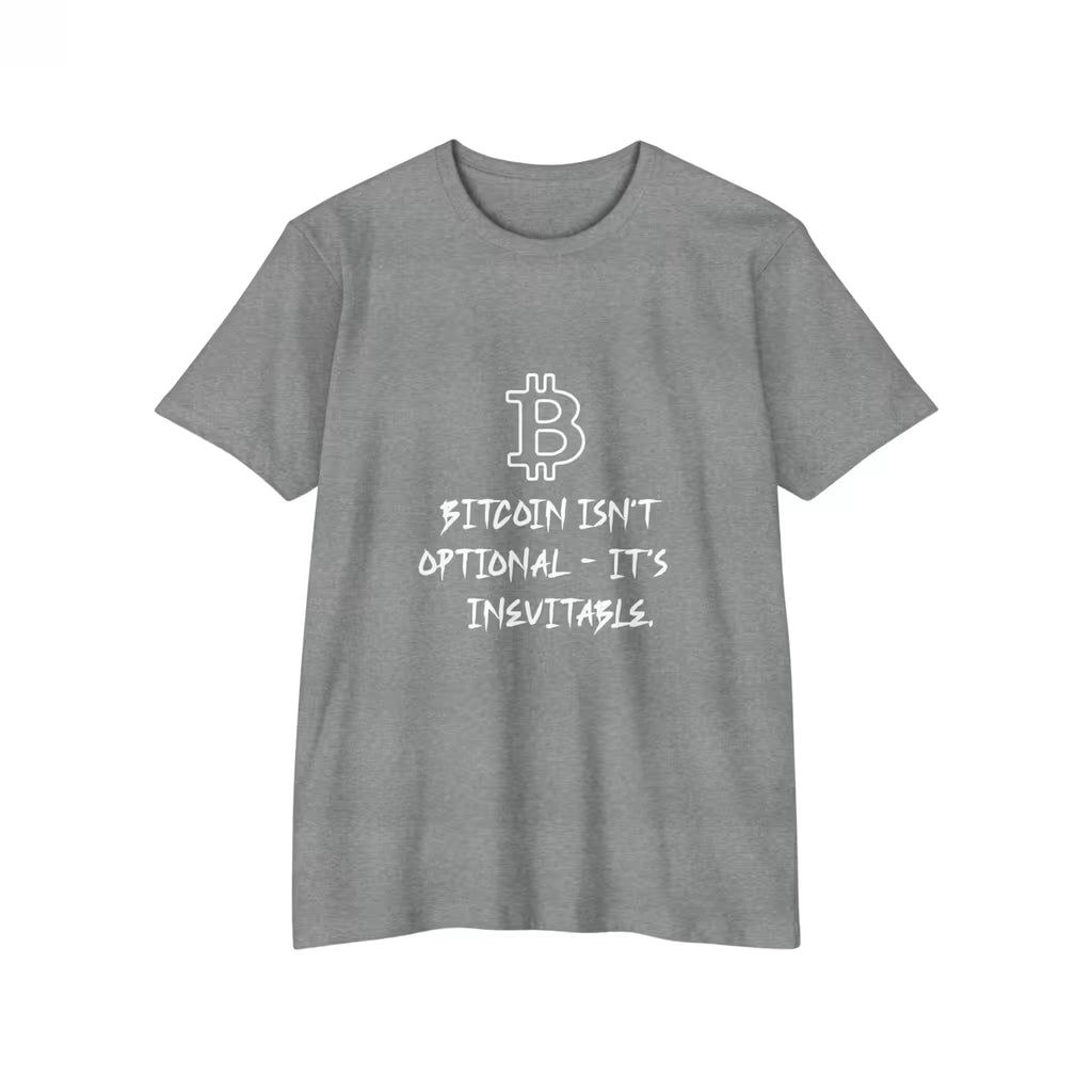 Flat lay of the Dark Heather Grey Bitcoin Isn't Optional t-shirt, displaying the durable Next Level 6210 material.