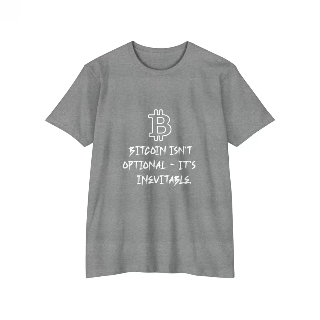 Flat lay of the Dark Heather Grey Bitcoin Isn't Optional t-shirt, displaying the durable Next Level 6210 material.