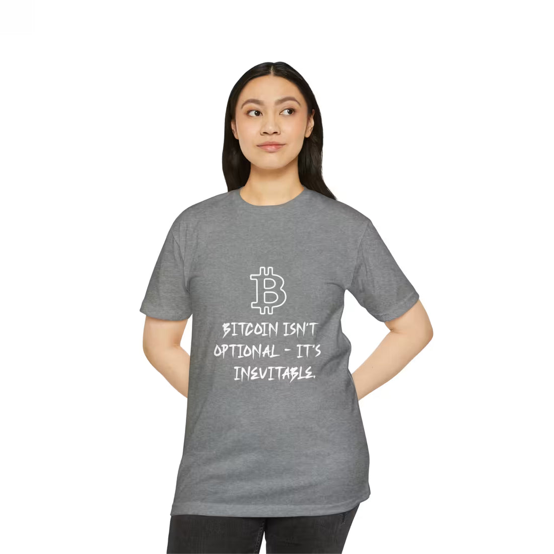 Front view of a model in the Dark Heather Grey Bitcoin Isn't Optional t-shirt, educating on the end of the fiat standard.