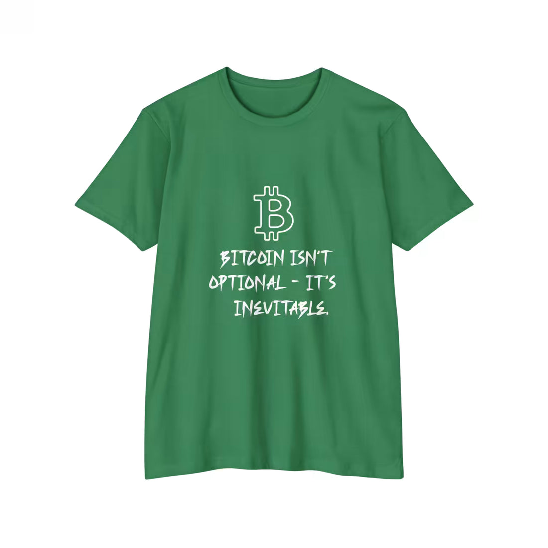 Flat lay of the CVC Kelly Green Bitcoin Isn't Optional t-shirt, featuring Next Level 6210 fabric and sound money message.