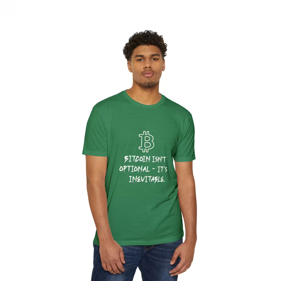 Front view of a model in the CVC Kelly Green Bitcoin Isn't Optional It's Inevitable t-shirt, promoting hyperbitcoinization.