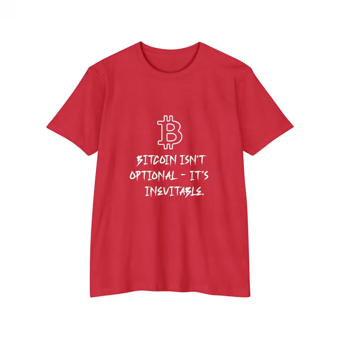 Flat front view of the CVC Red Bitcoin Isn't Optional t-shirt, highlighting the Next Level 6210 build for true believers.