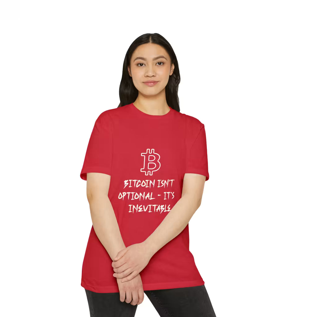 Front view of a model wearing the CVC Red Bitcoin Isn't Optional It's Inevitable t-shirt. Essential maximalist apparel.