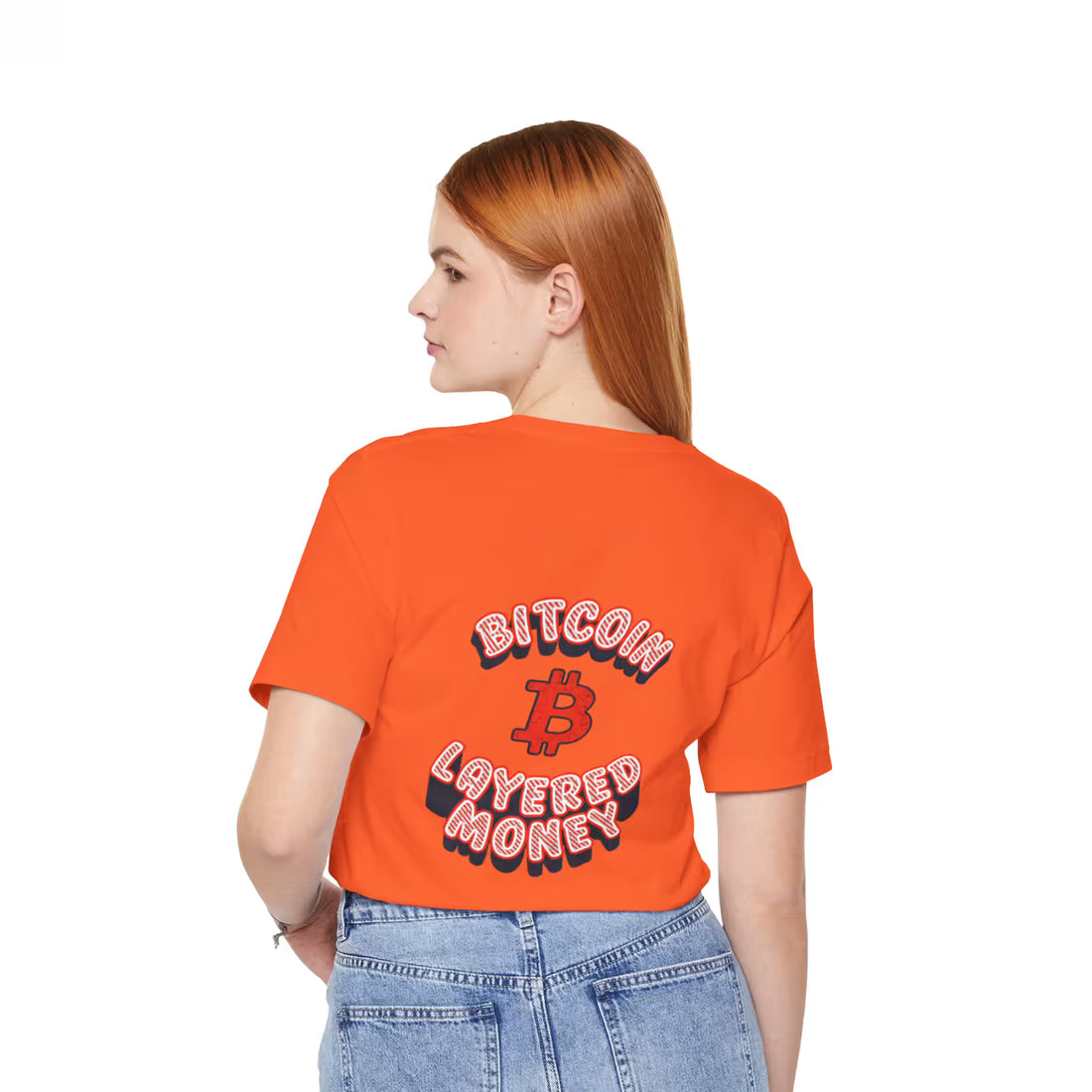 Back view of a model wearing the orange Bitcoin Layered Money t-shirt, promoting scaling via Layer 2 solutions.