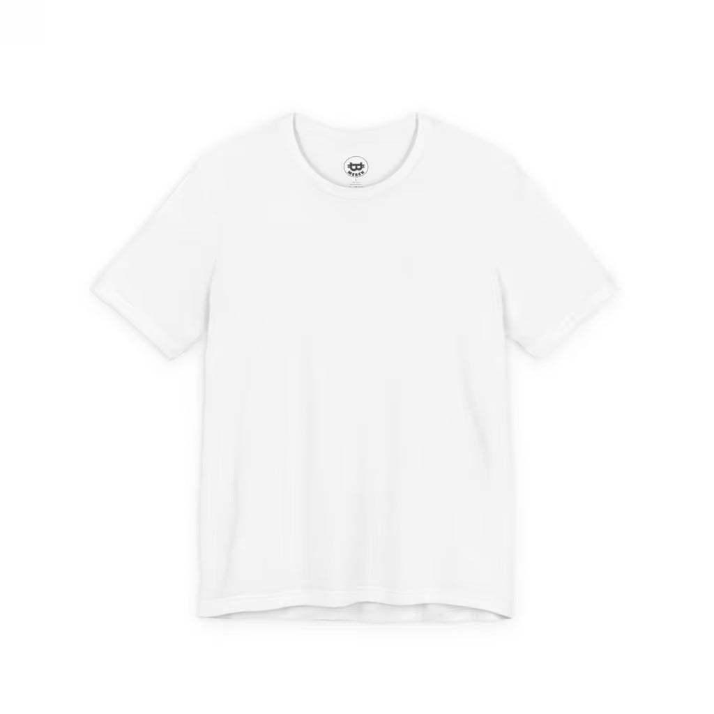 Flat lay of the blank front of the white Bella Canvas 3001 t-shirt. Premium minimalist aesthetic.