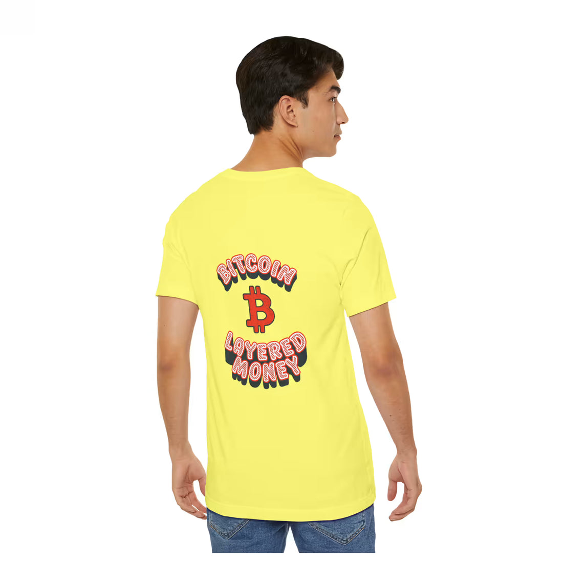 Back view of a model in the yellow Bitcoin Layered Money t-shirt. Educating on trustless settlement layers.