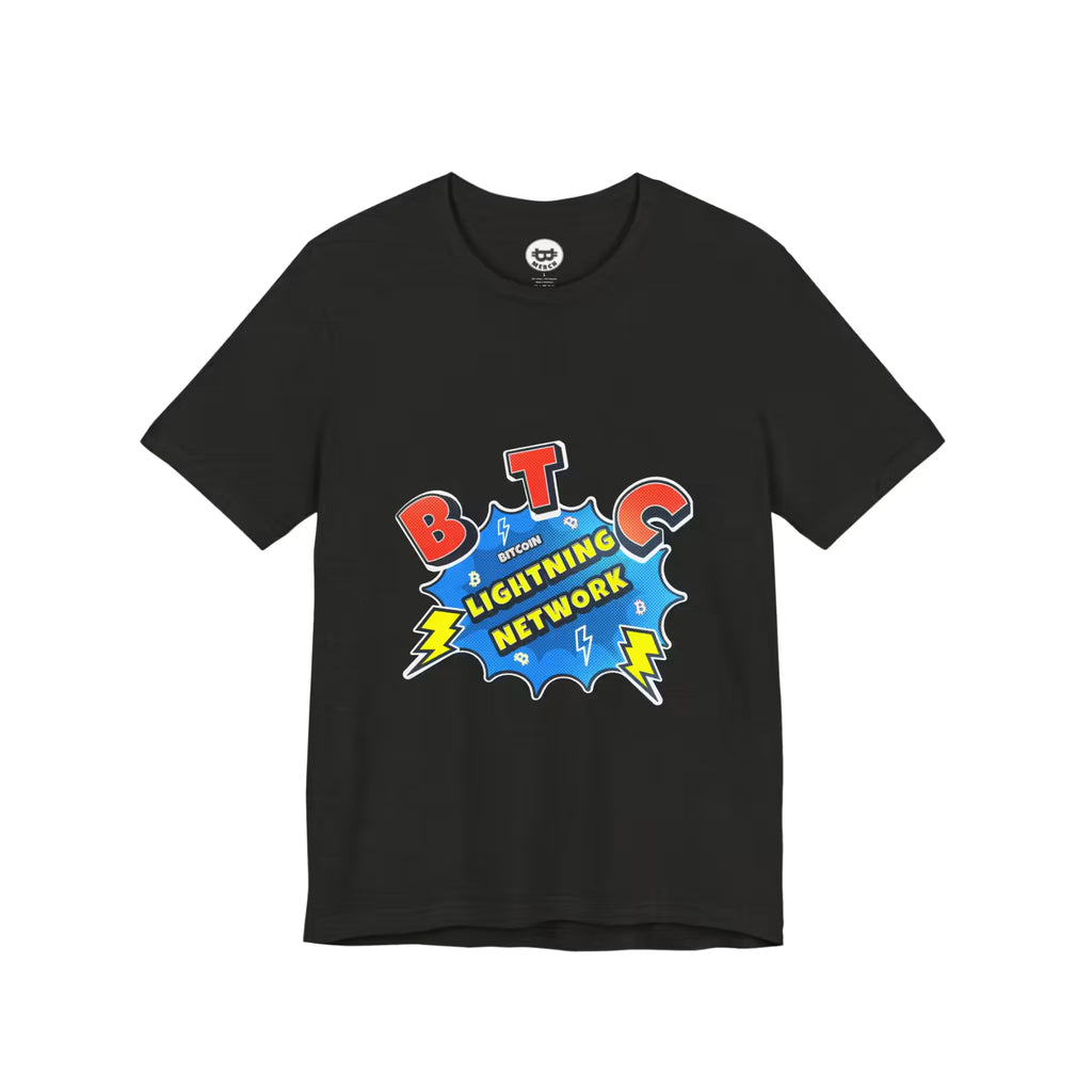 Flat lay of the black heather Bitcoin Lightning Network t-shirt, showing the Bella Canvas 3001 fabric. Fast scaling.