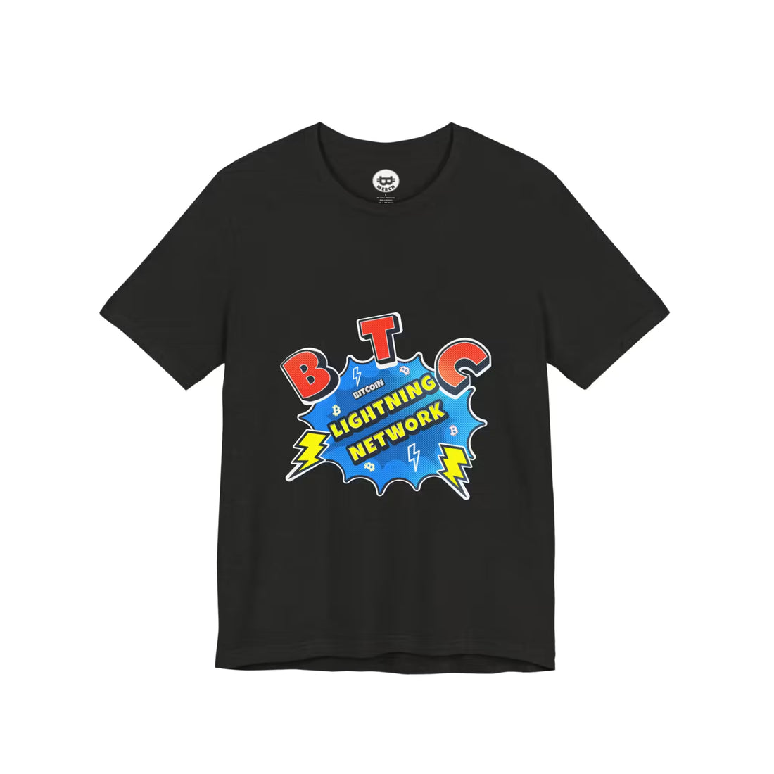 Flat lay of the black heather Bitcoin Lightning Network t-shirt, showing the Bella Canvas 3001 fabric. Fast scaling.