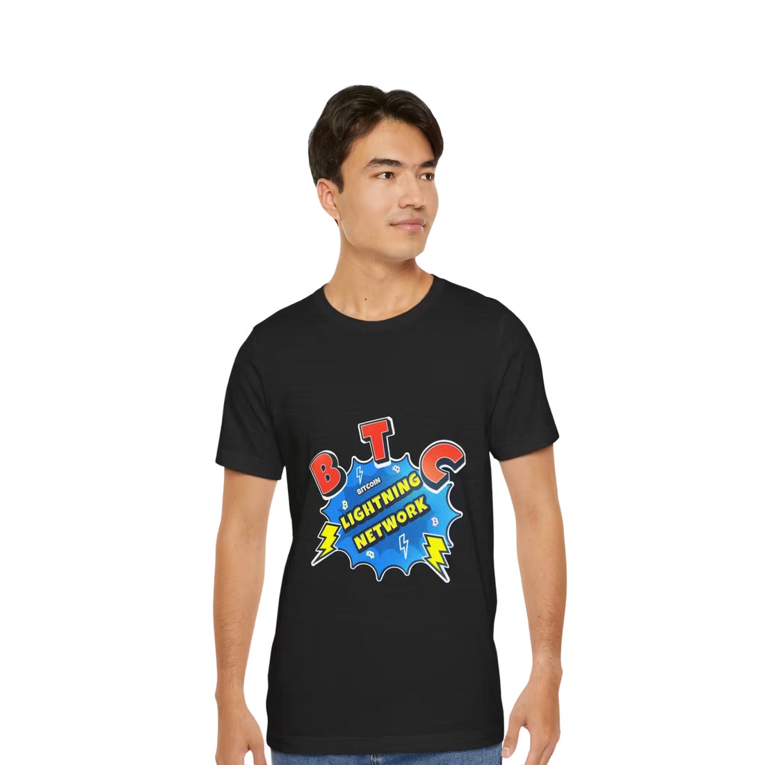 Front view of a model in the black heather Bitcoin Lightning Network t-shirt, promoting Layer 2 instant payments.