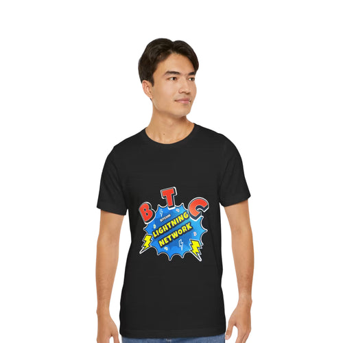 Front view of a model in the black heather Bitcoin Lightning Network t-shirt, promoting Layer 2 instant payments.