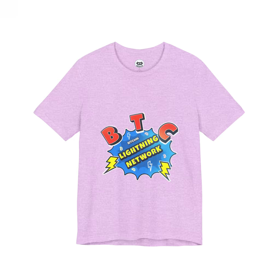 Flat lay of the heather prism lilac Bitcoin Lightning Network t-shirt. A Bella Canvas 3001 staple for Layer 2 scaling.