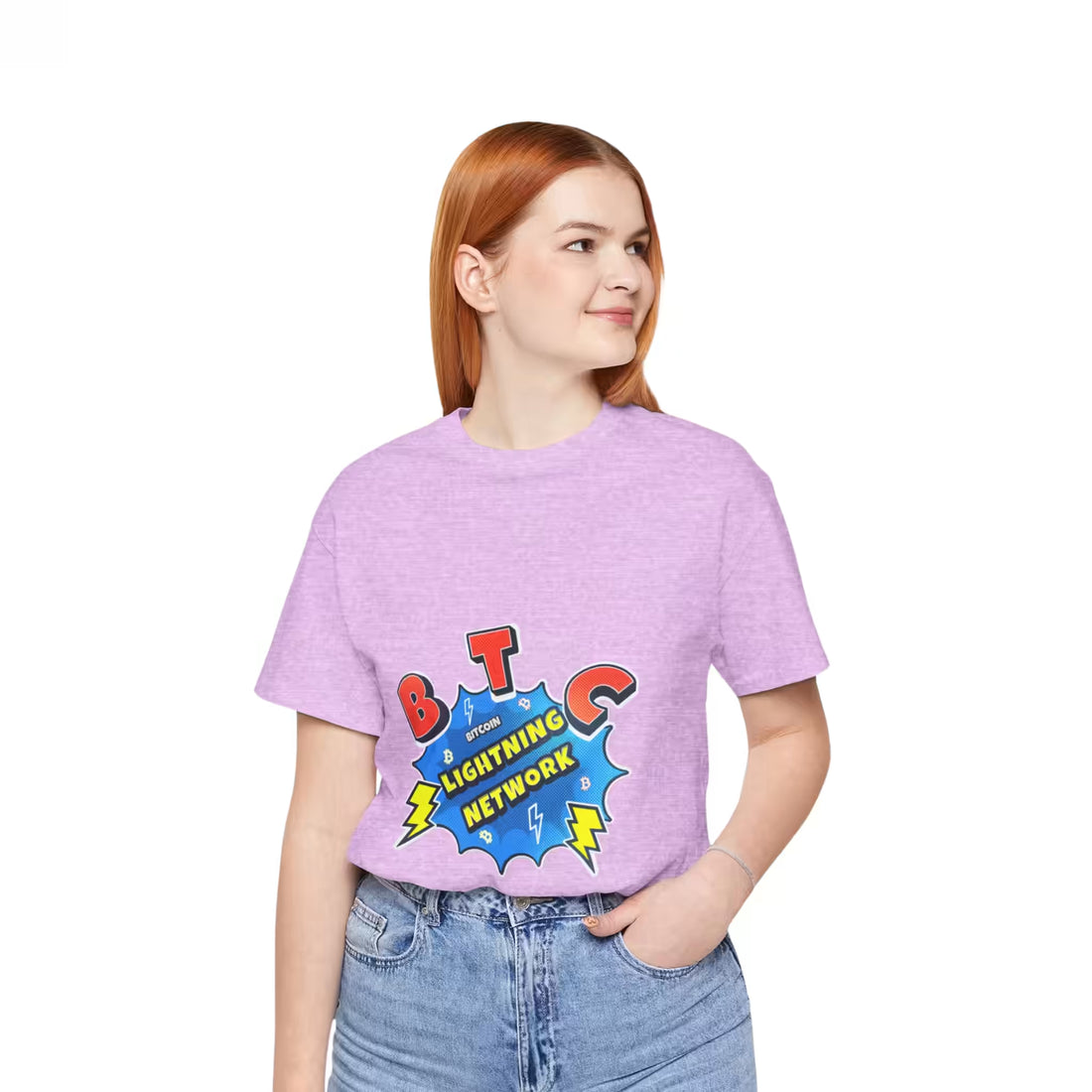 Front view of a model in the heather prism lilac Bitcoin Lightning Network t-shirt, educating on fast micropayments.