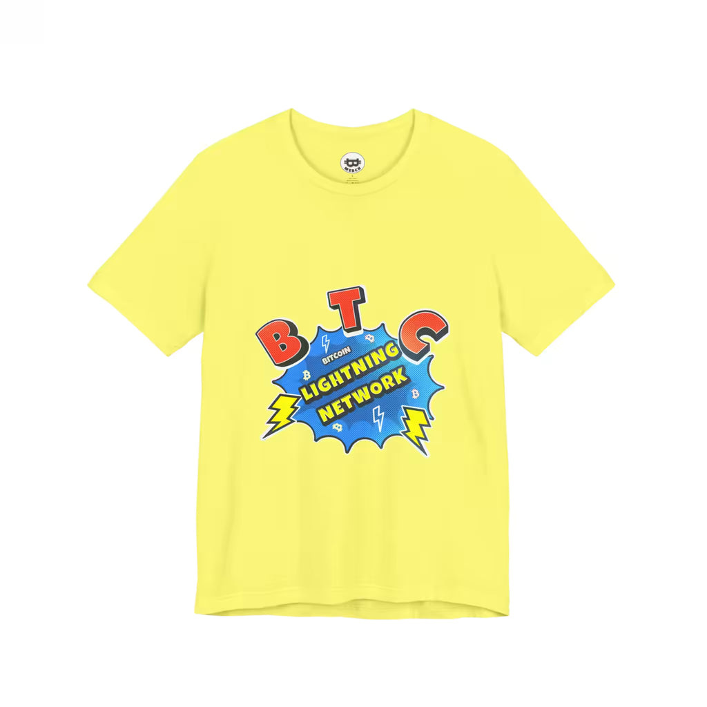 Flat front view of the yellow Bitcoin Lightning Network t-shirt, highlighting the soft Bella Canvas 3001 material.