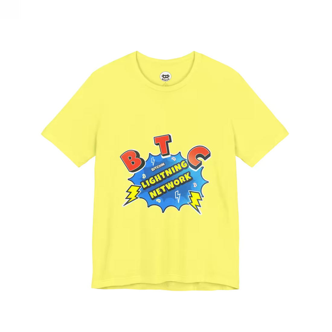 Flat front view of the yellow Bitcoin Lightning Network t-shirt, highlighting the soft Bella Canvas 3001 material.