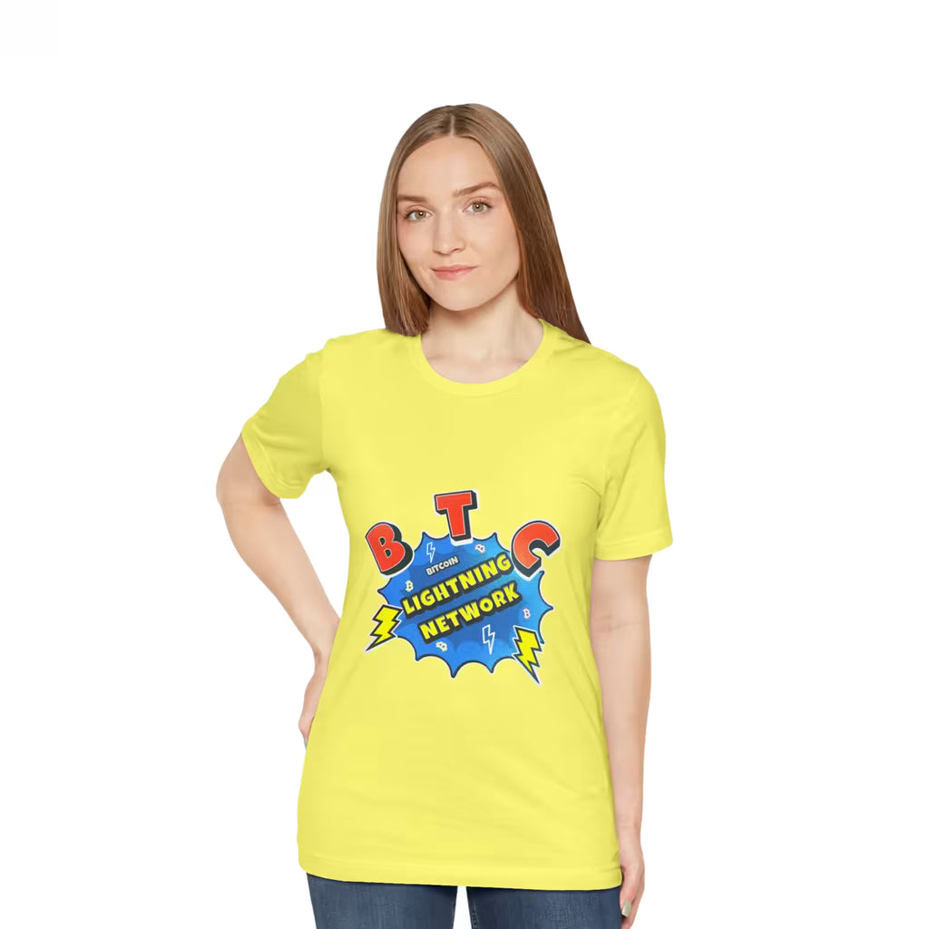 Front view of a model wearing the yellow Bitcoin Lightning Network t-shirt. Essential gear for routing node operators.