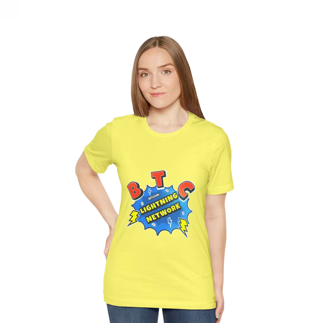 Front view of a model wearing the yellow Bitcoin Lightning Network t-shirt. Essential gear for routing node operators.