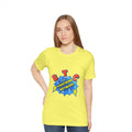 Front view of a model wearing the yellow Bitcoin Lightning Network t-shirt. Essential gear for routing node operators.