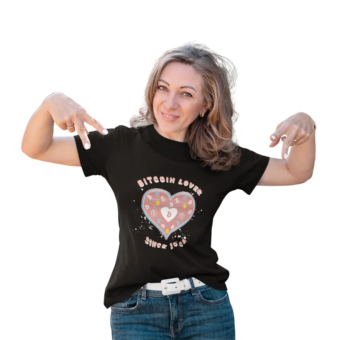 Bitcoin Lover Since 2009 Womens Tee - Black - Bella Canvas 6004 Slim Fit Model Front - Sovereign Bitcoin Apparel