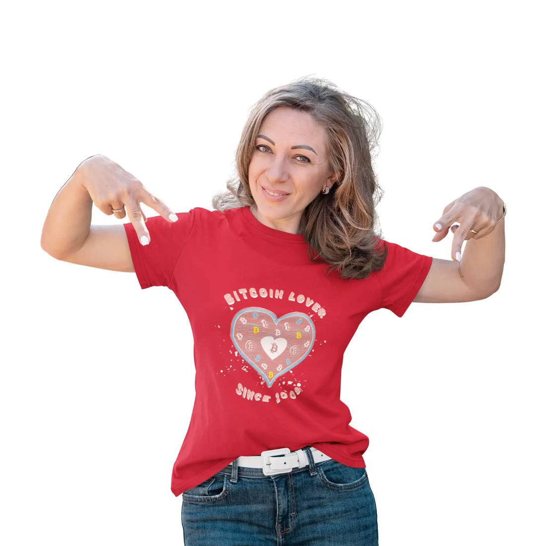 Bitcoin Lover Since 2009 Womens Tee - Red - Bella Canvas 6004 Slim Fit Model Front - Classic Bitcoin Merch