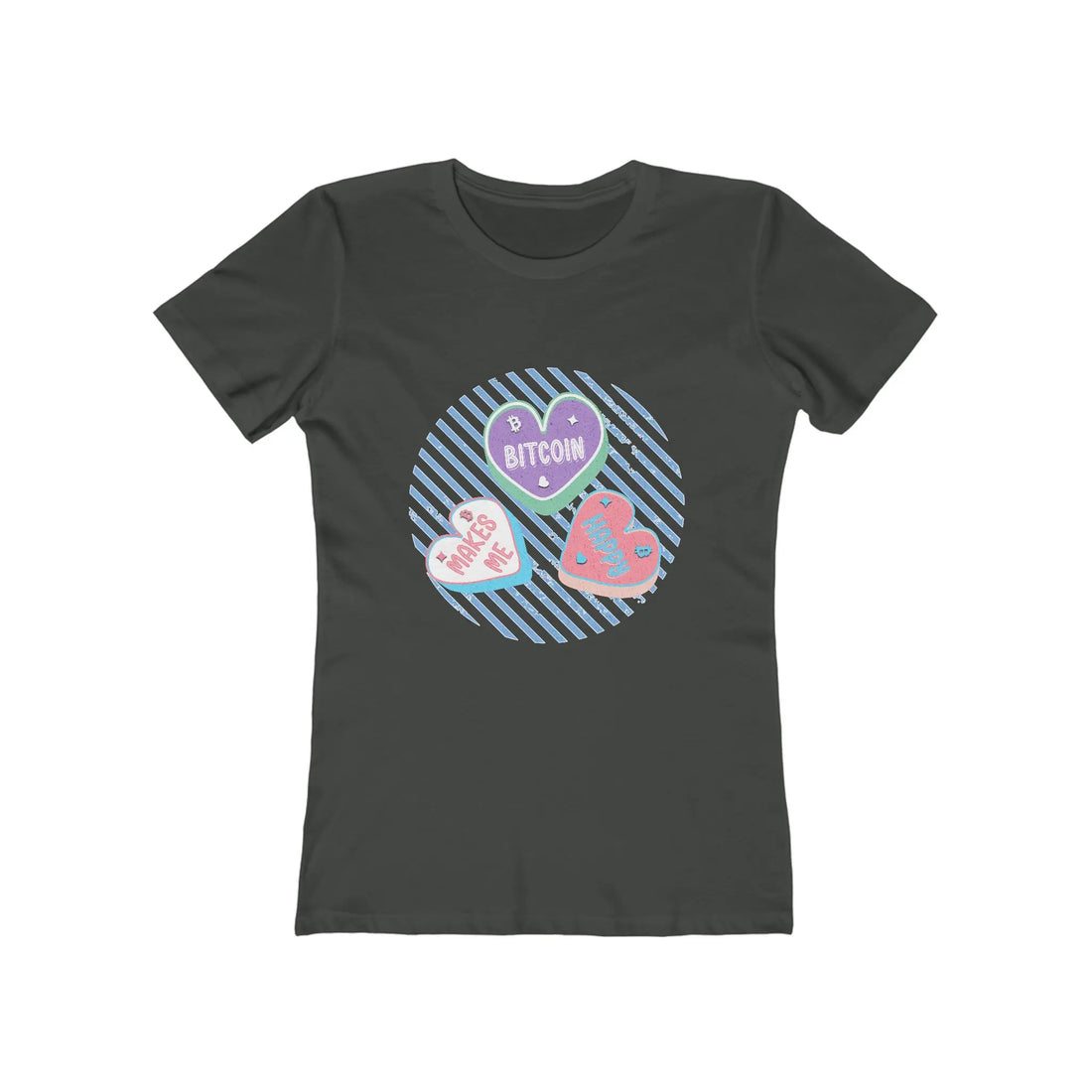Bitcoin Makes Me Happy Womens Tee - Solid Heavy Metal - Next Level 3900 Flat View - Bitcoin Wear