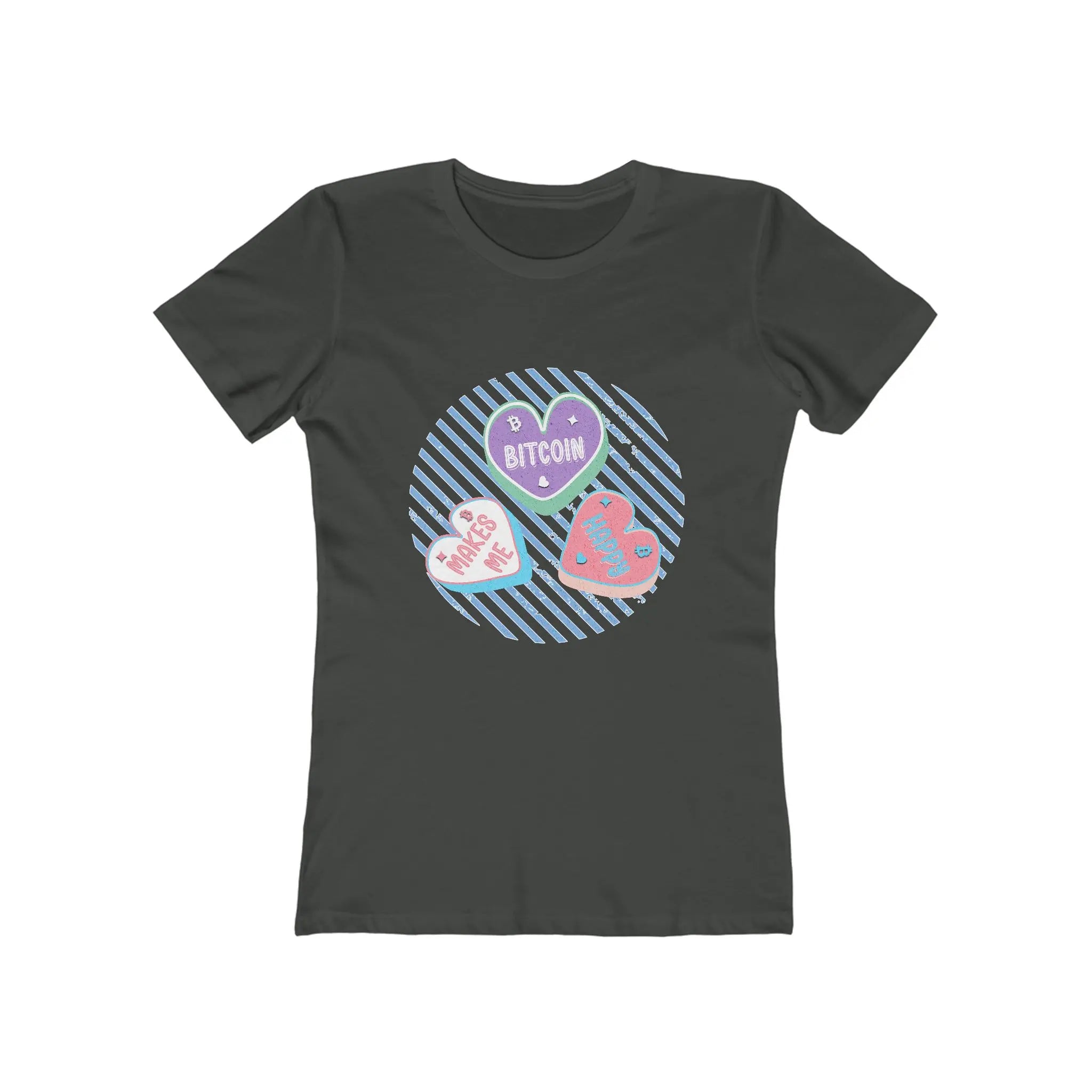 Bitcoin Makes Me Happy Womens Tee - Solid Heavy Metal - Next Level 3900 Flat View - Bitcoin Wear