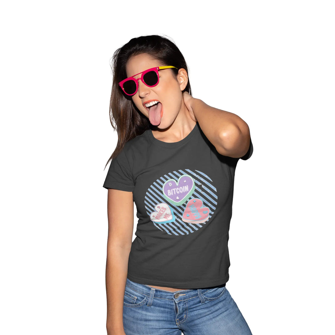 Bitcoin Makes Me Happy Womens Tee - Solid Heavy Metal - Next Level 3900 Model Front - Bitcoin Wear