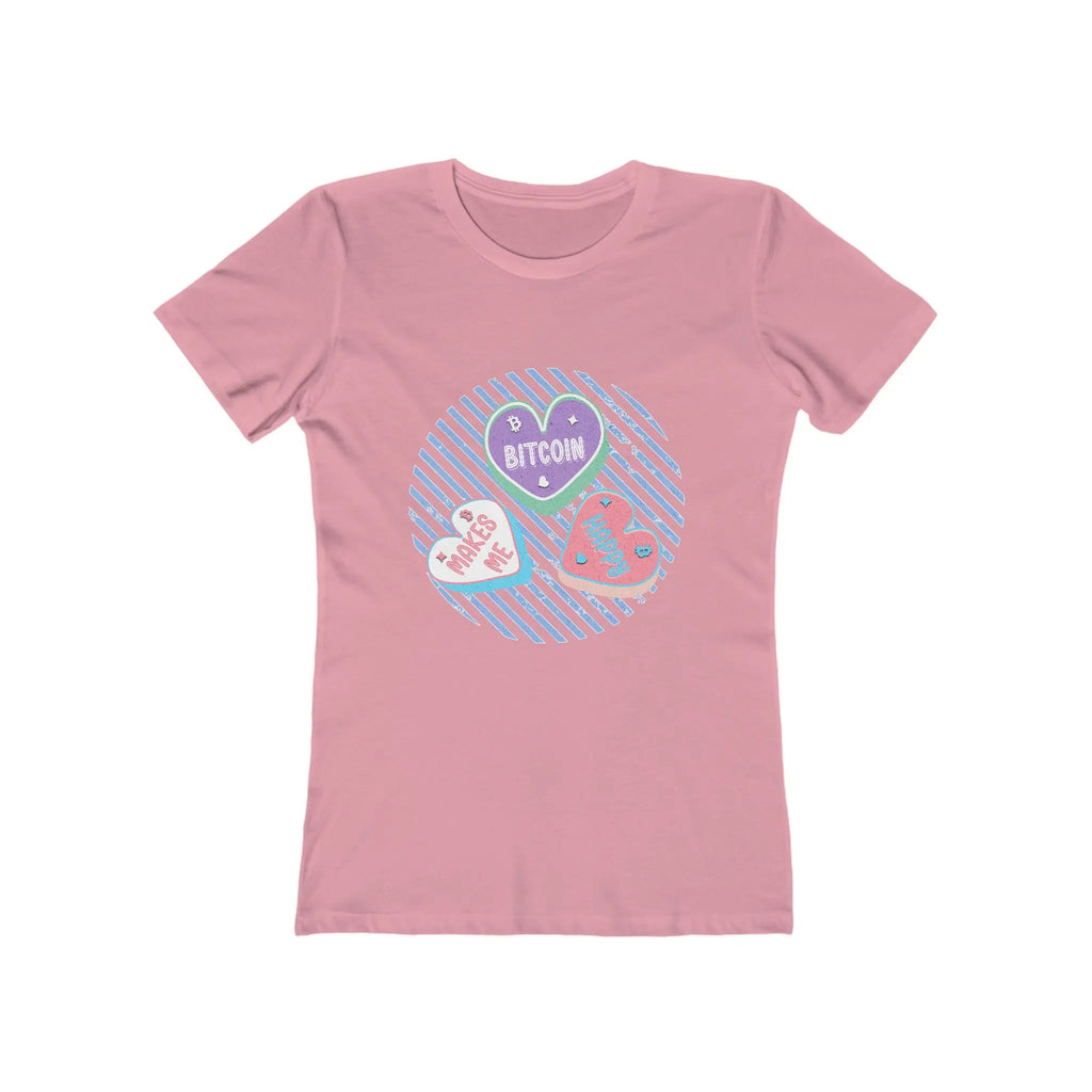 Bitcoin Makes Me Happy Womens Tee - Solid Light Pink - Next Level 3900 Flat View - Bitcoin Gear