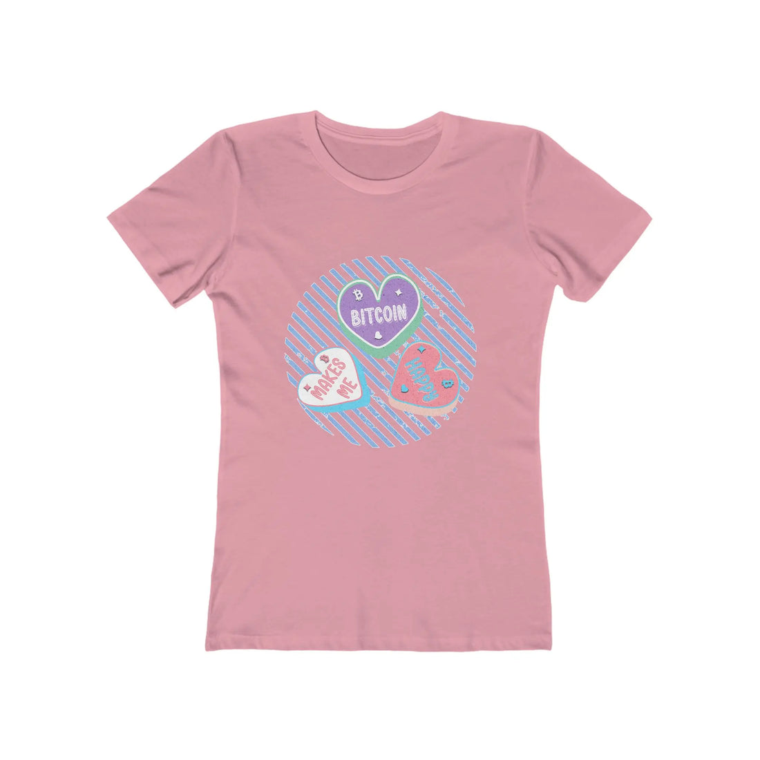 Bitcoin Makes Me Happy Womens Tee - Solid Light Pink - Next Level 3900 Flat View - Bitcoin Gear