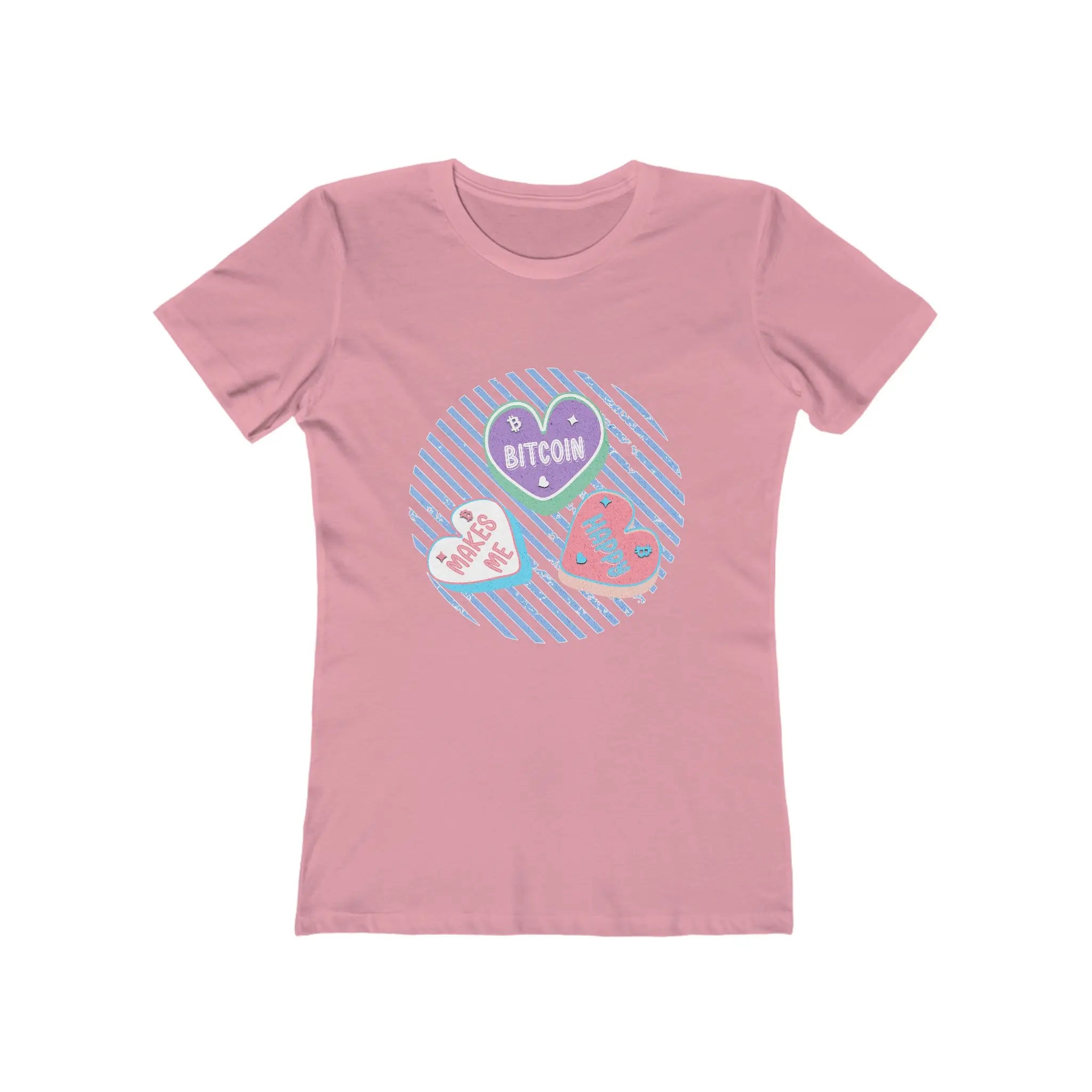 Bitcoin Makes Me Happy Womens Tee - Solid Light Pink - Next Level 3900 Flat View - Bitcoin Gear