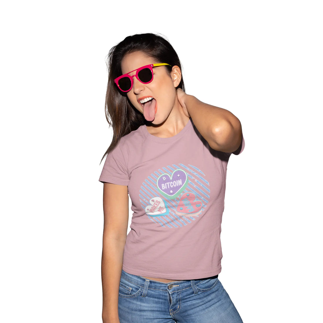 Bitcoin Makes Me Happy Womens Tee - Solid Light Pink - Next Level 3900 Model Front - Bitcoin Gear