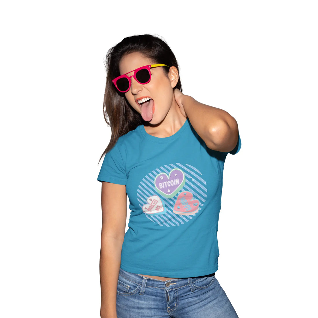 Bitcoin Makes Me Happy Womens Tee - Solid Turquoise - Next Level 3900 Model Front - Bitcoin Gear
