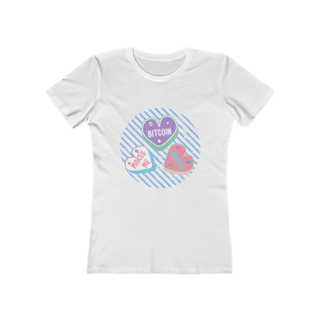 Bitcoin Makes Me Happy Womens Tee - Solid White - Next Level 3900 Flat View - Bitcoin Wear