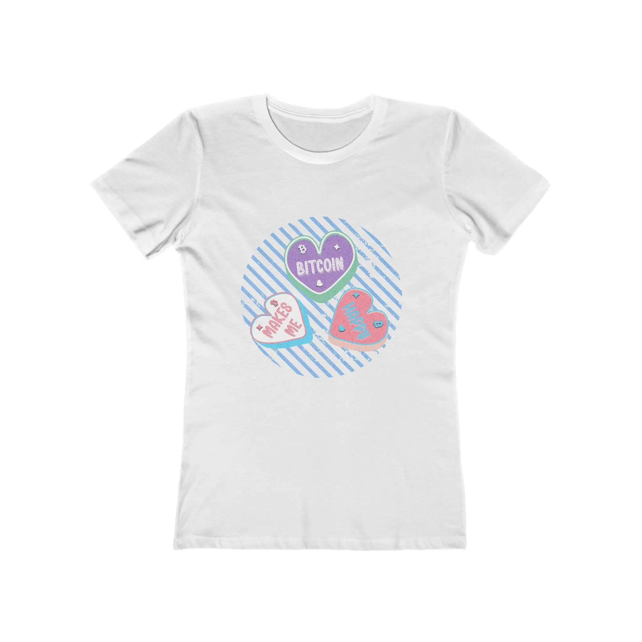 Bitcoin Makes Me Happy Womens Tee - Solid White - Next Level 3900 Flat View - Bitcoin Wear