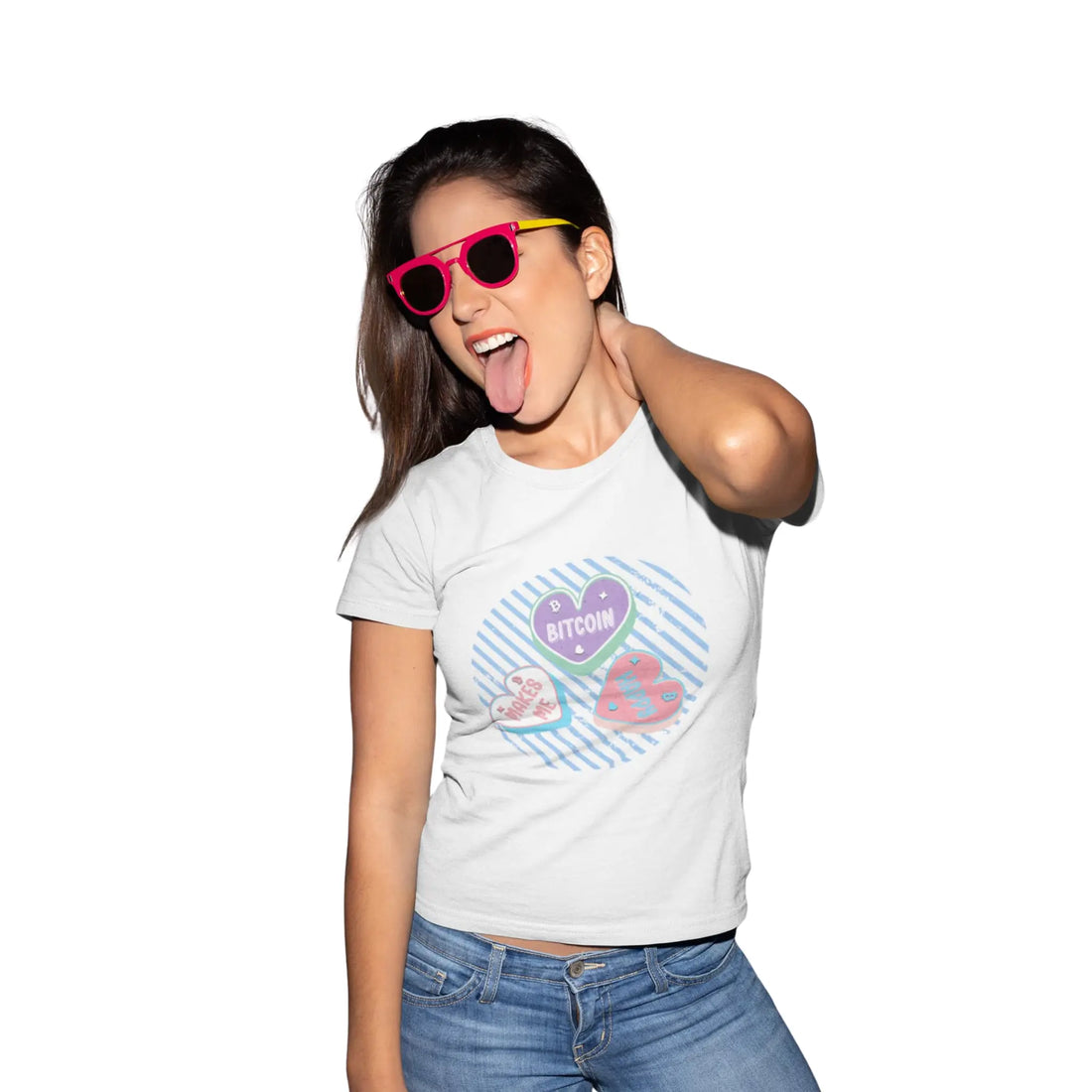 Bitcoin Makes Me Happy Womens Tee - Solid White - Next Level 3900 Model Front - Bitcoin Wear