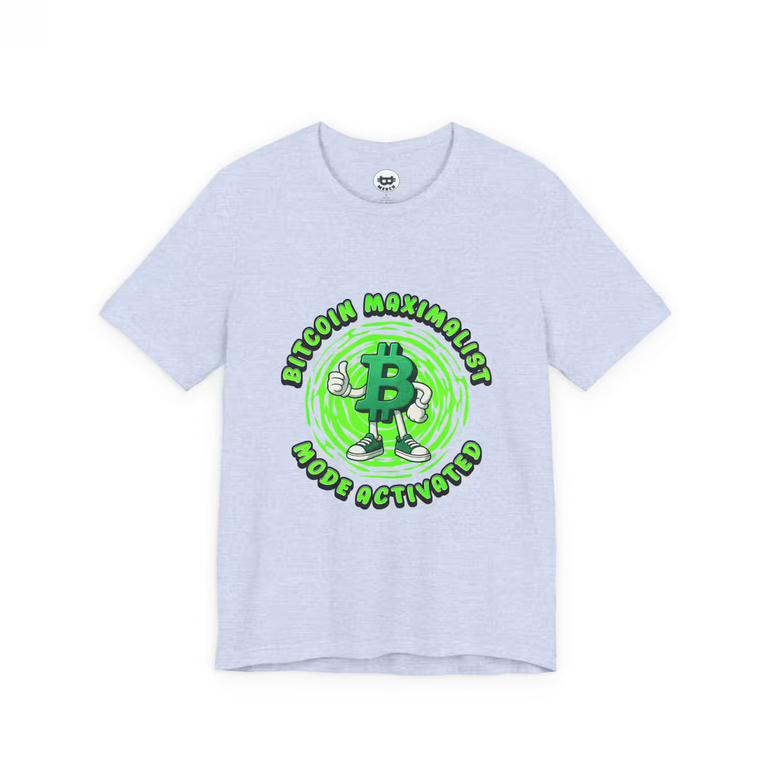 Flat lay of the heather prism blue Bitcoin Maximalist Mode Activated t-shirt. Bella Canvas 3001 quality.