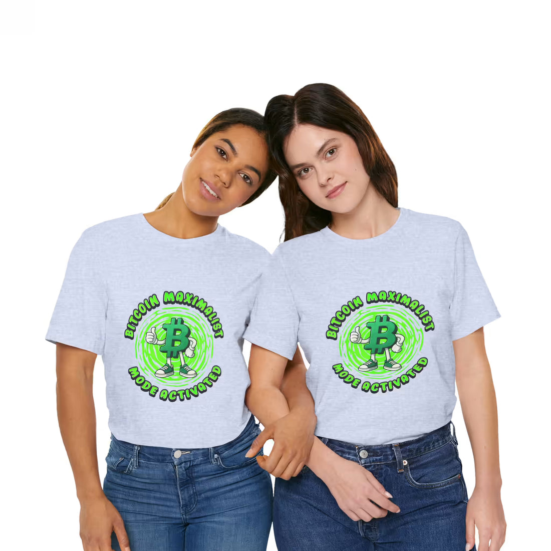 Front view of two models in heather prism blue Bitcoin Maximalist Mode Activated t-shirts. Stacking sats together.