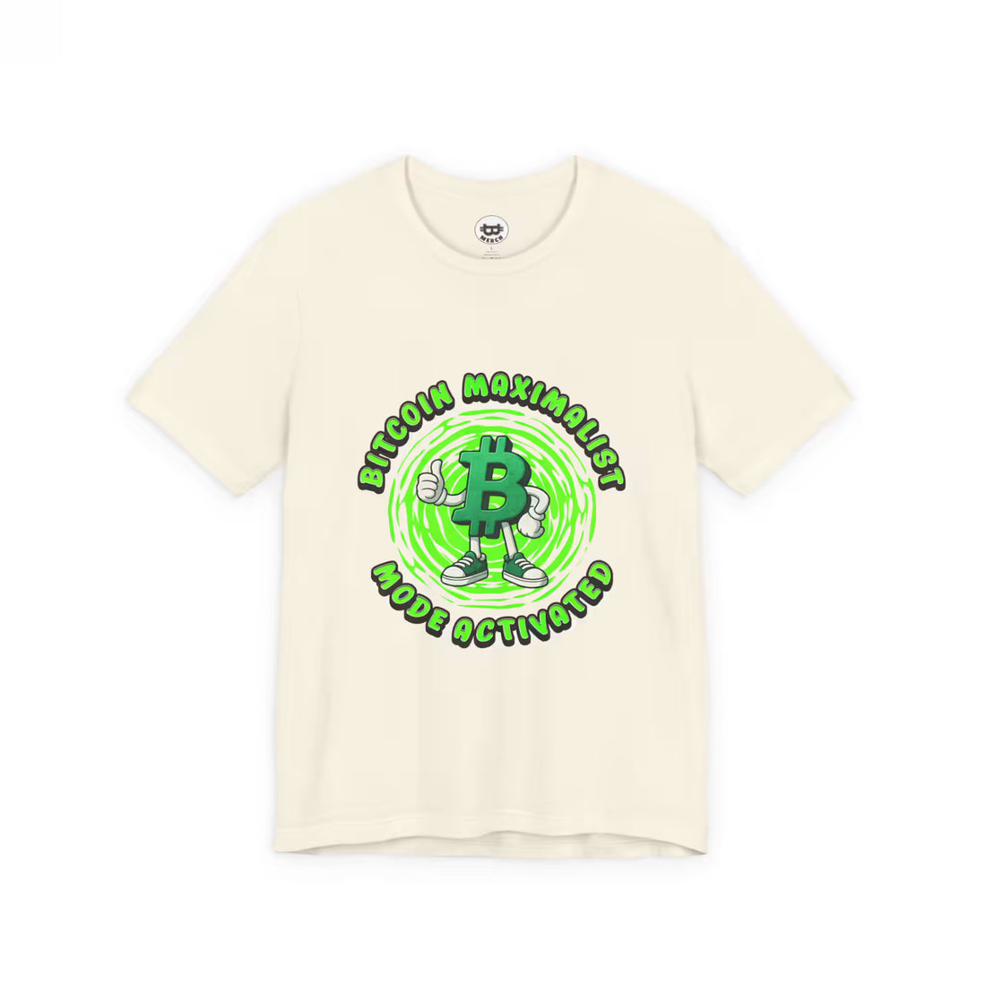 Flat lay of the natural Bitcoin Maximalist Mode Activated t-shirt, highlighting the Bella Canvas 3001 build.
