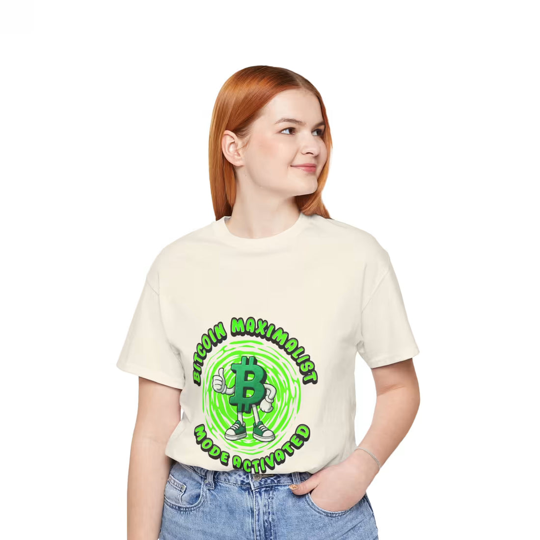 Front view of a model wearing the natural Bitcoin Maximalist Mode Activated t-shirt. Pure sound money focus.