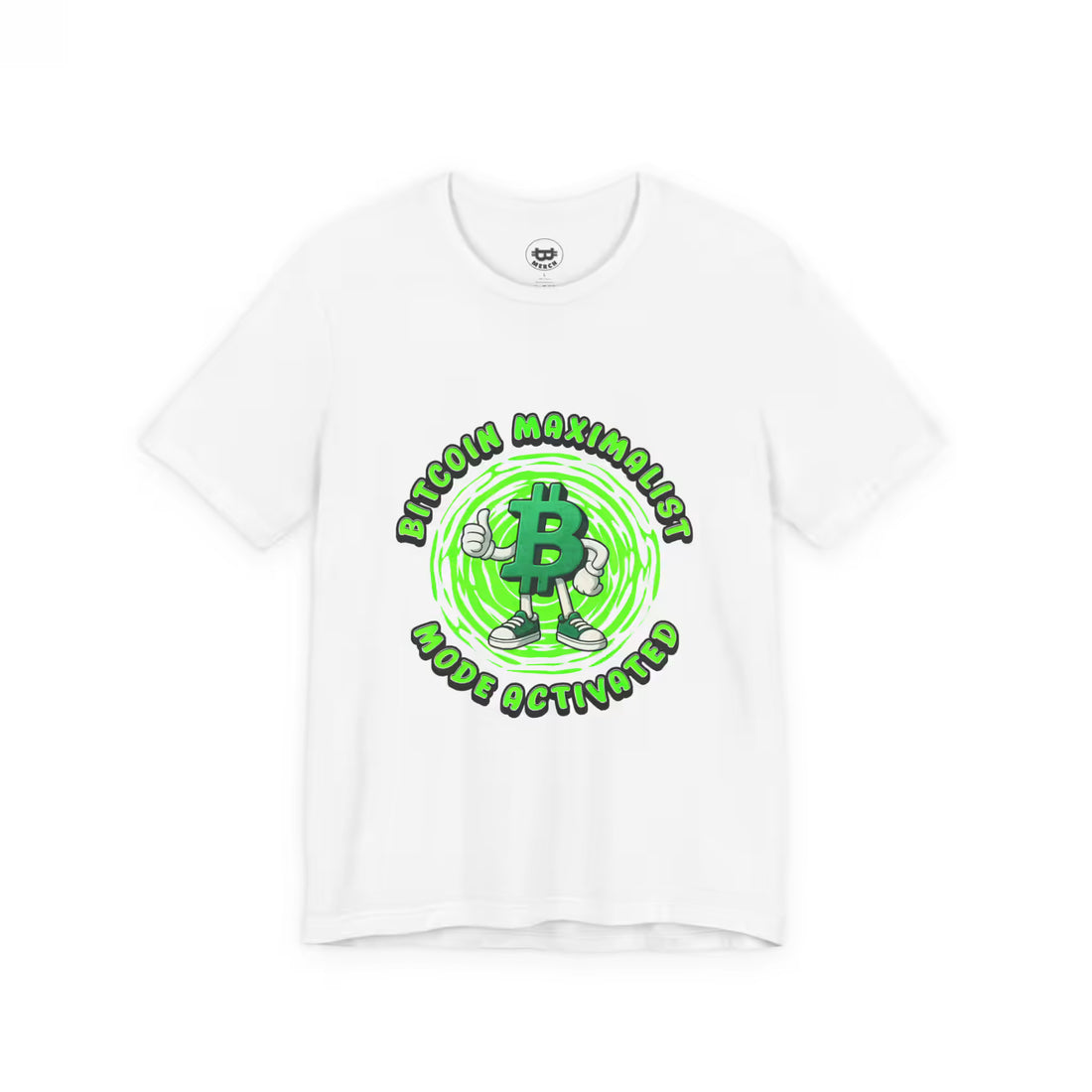 Flat front view of the white Bitcoin Maximalist Mode Activated t-shirt, a Bella Canvas 3001 staple for true believers.