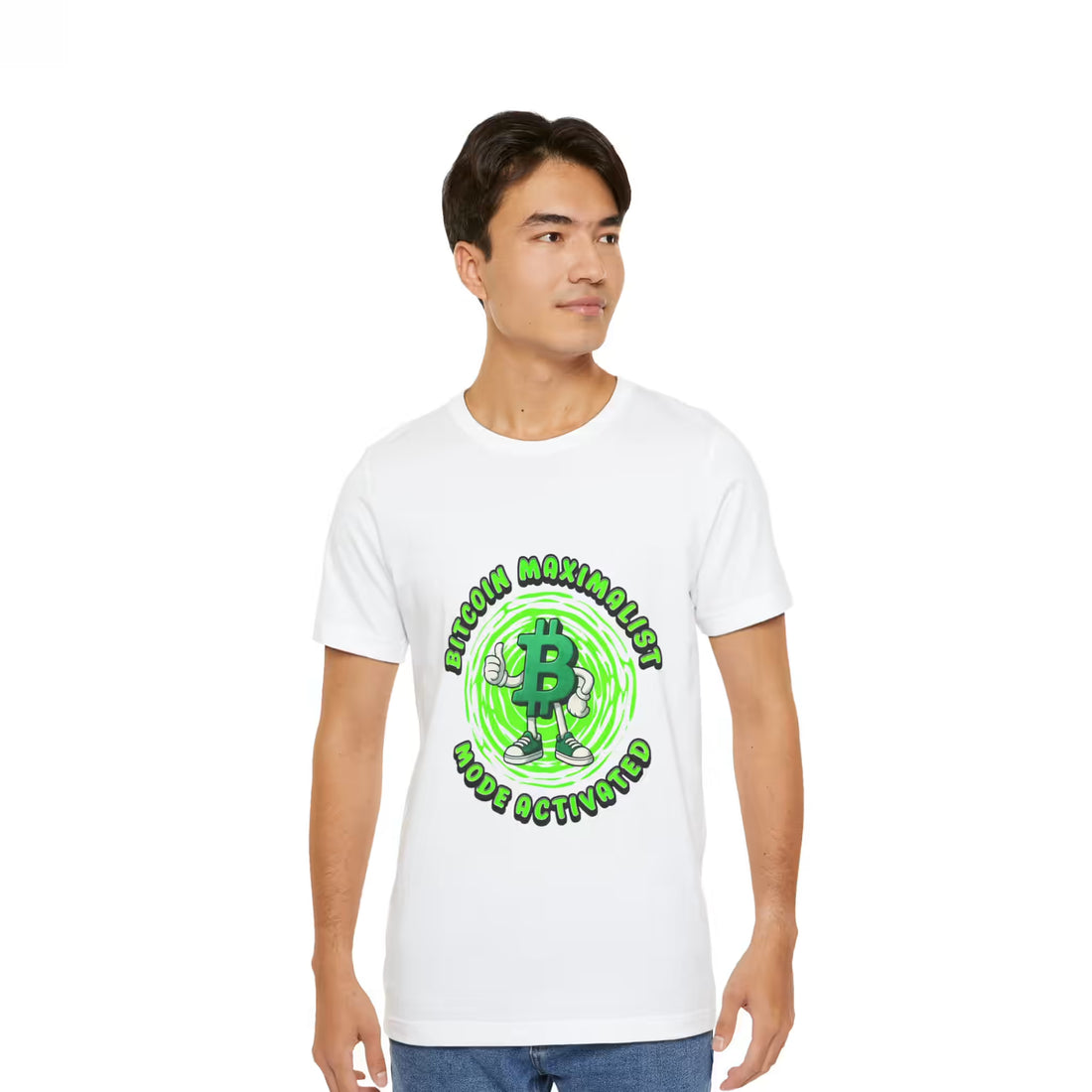 Front view of a model in the white Bitcoin Maximalist Mode Activated t-shirt, rejecting fiat distractions.
