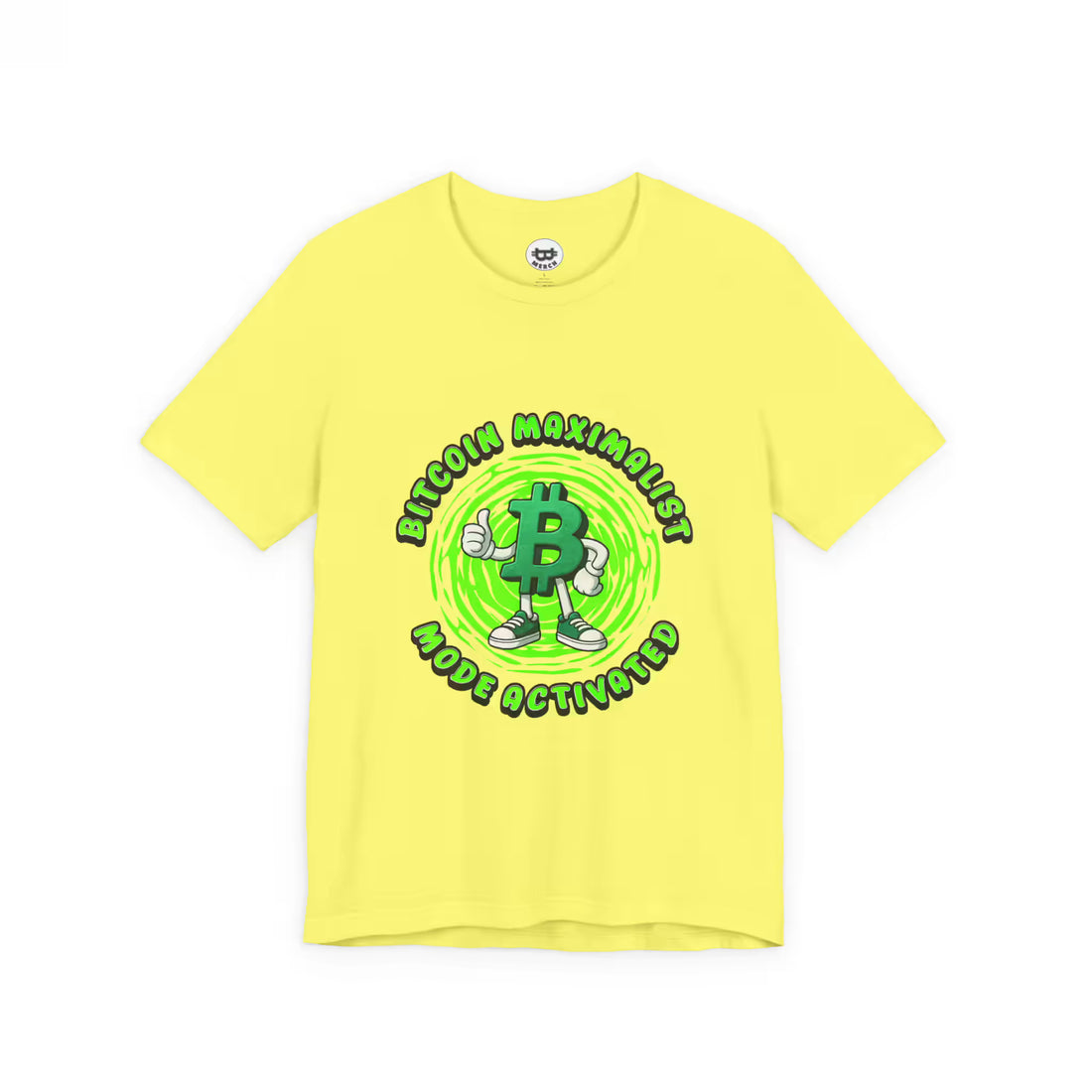 Flat lay of the yellow Bitcoin Maximalist Mode Activated t-shirt, featuring the soft Bella Canvas 3001 fabric.