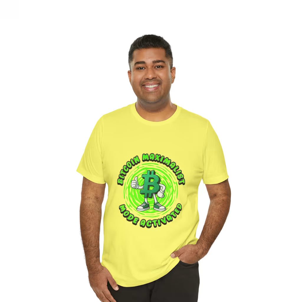 Front view of a model in the yellow Bitcoin Maximalist Mode Activated t-shirt. Essential lifestyle apparel.
