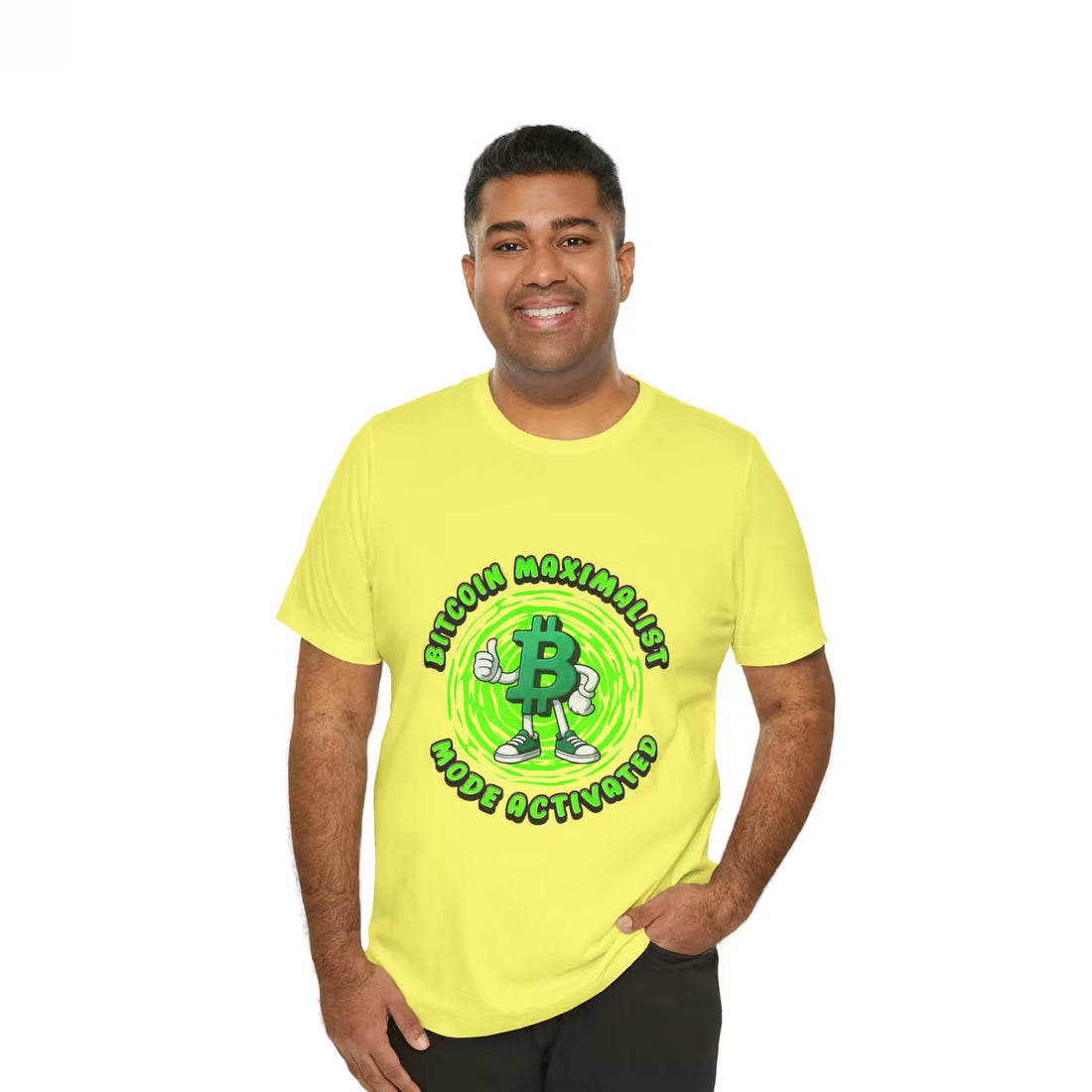 Front view of a model in the yellow Bitcoin Maximalist Mode Activated t-shirt. Essential lifestyle apparel.