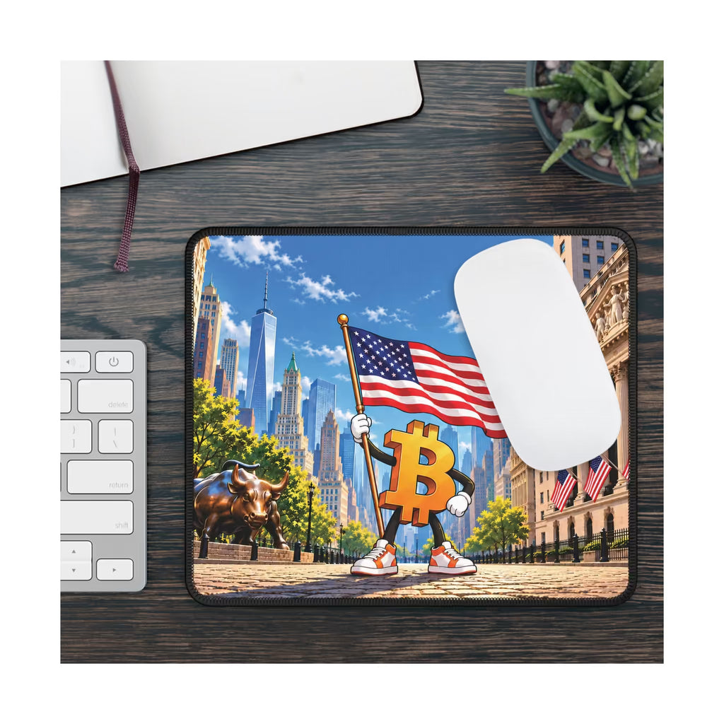 Bitcoin Meets Wall Street Mouse Pad on a dark wood desk with a white mouse and keyboard