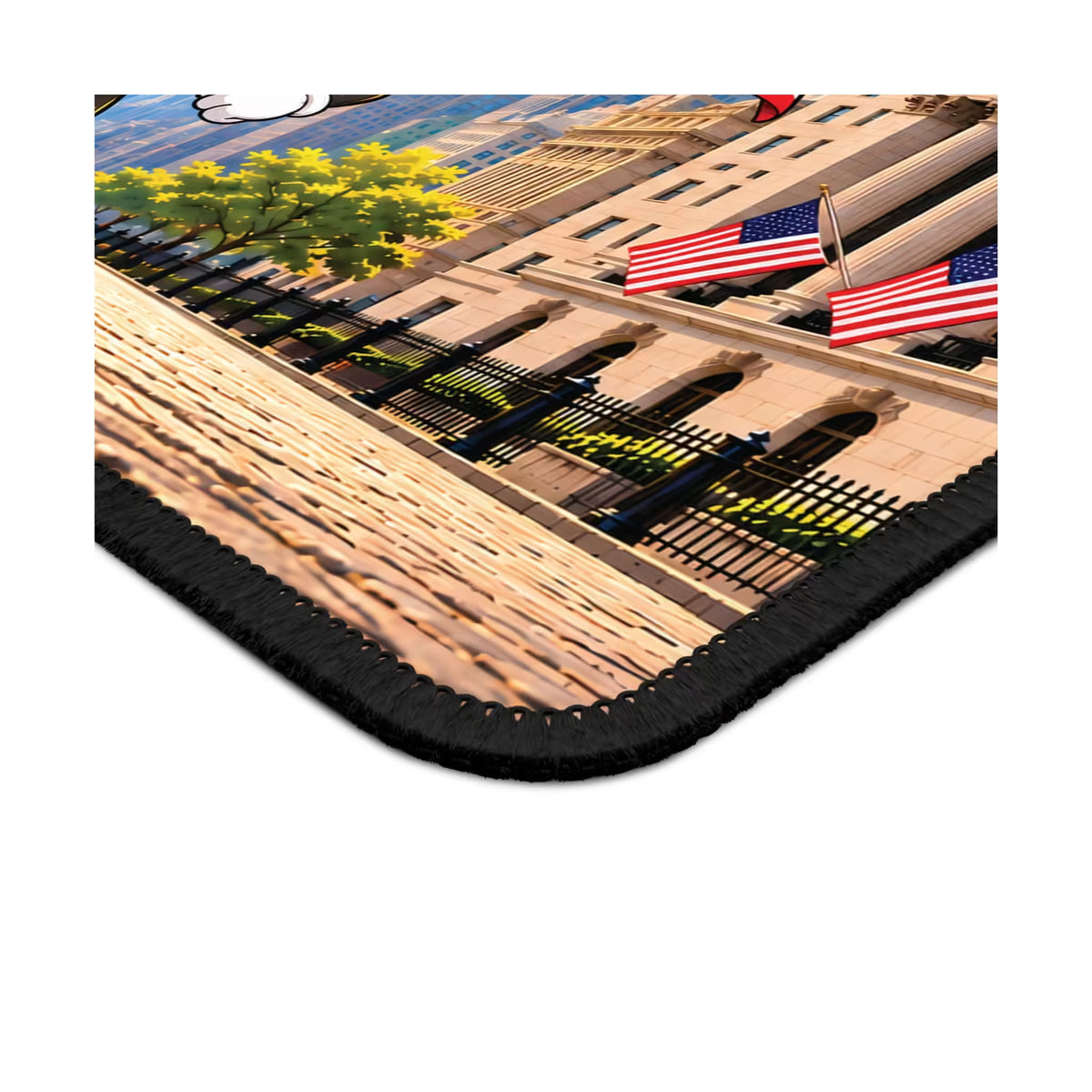 Close-up of Bitcoin Meets Wall Street Mouse Pad showing Wall Street artwork, U.S. flags, printed surface, and black stitched edge