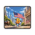 Bitcoin Meets Wall Street Mouse Pad with Bitcoin character holding a U.S. flag beside the Charging Bull and New York skyline