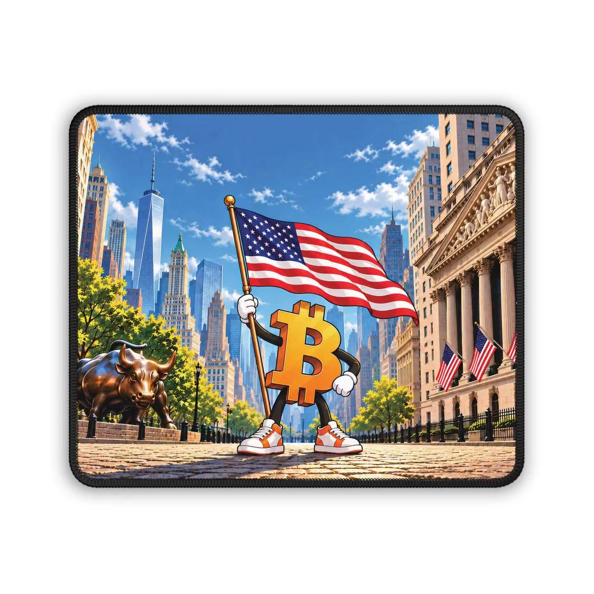 Bitcoin Meets Wall Street Mouse Pad with Bitcoin character holding a U.S. flag beside the Charging Bull and New York skyline